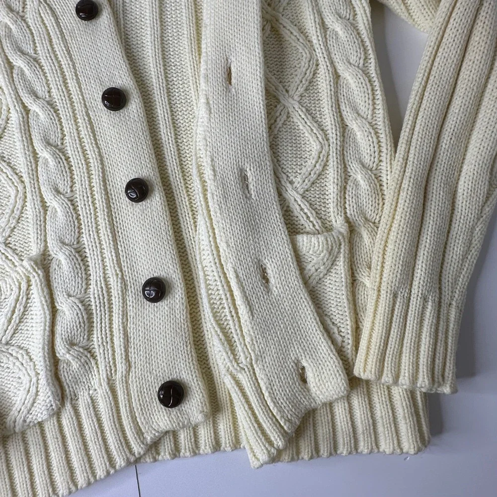 Vintage Unicorn Cable Knit Cardigan Sweater Cream Shawl Collar Fisherman Sz M